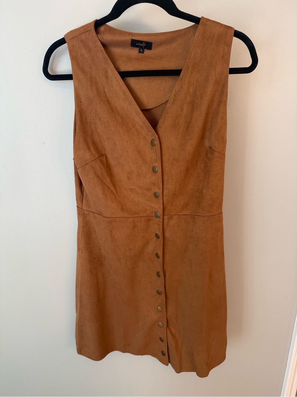 Faux Suede Button-Front Sleeveless Dress in Cognac